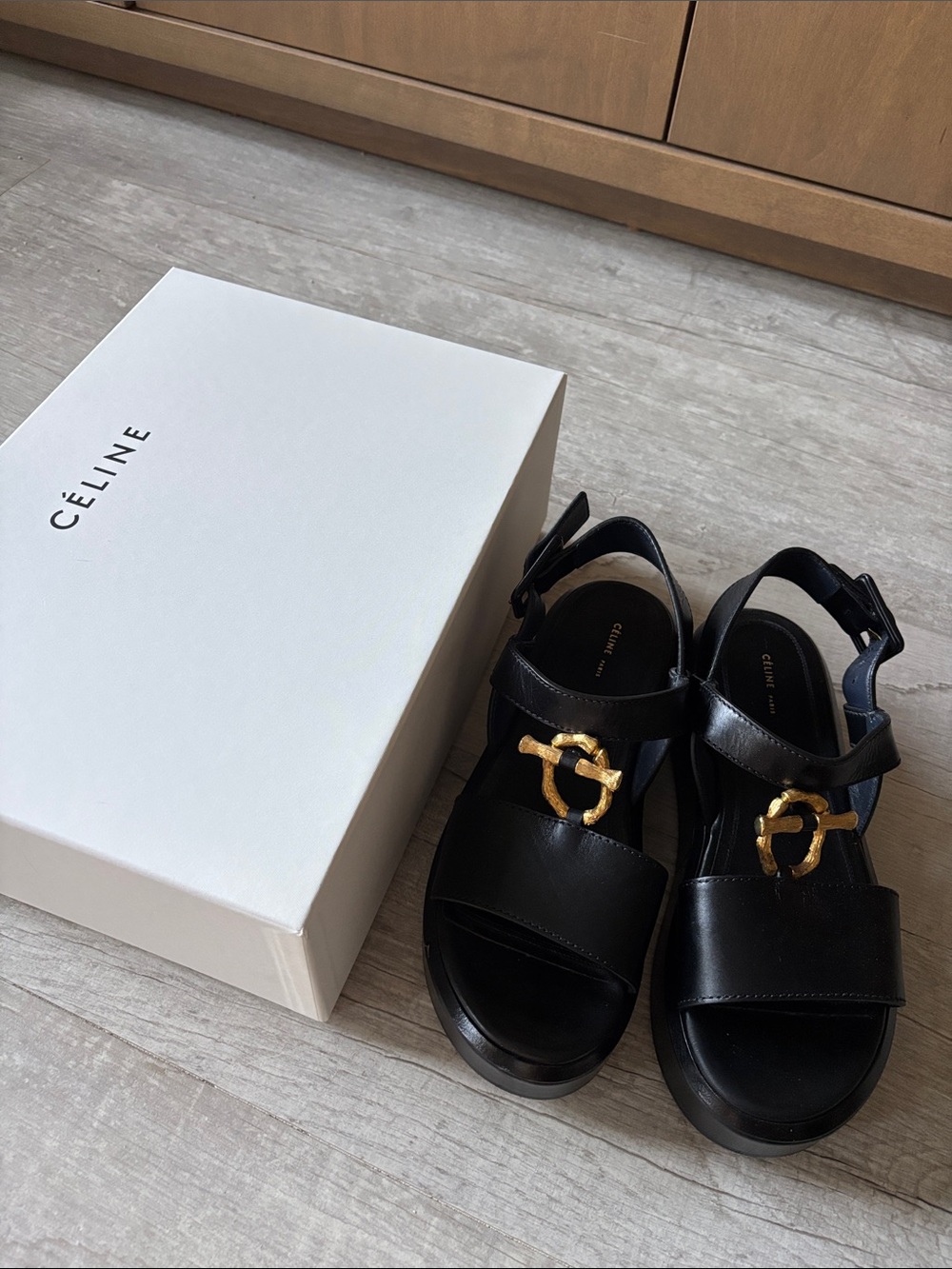Old Celine Phoebe Philo platform leather sandals size 9 black gold